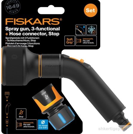 Fiskars Comfort locsolópisztoly, 3 funkciós  + CF tömlőcsatlakozó 13-15mm, STOP